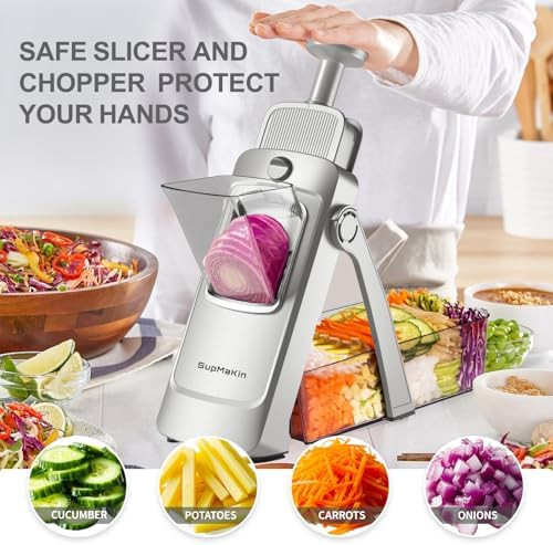 SUPMAKIN Safe Mandoline Slicer, Adjustable Vegetable Food Slicer and Chopper, Potato Fries Fry Cutter, Veggie Salad Chopper, New Kitchen Chopping Artifact Gifts 2026 (SliverGray)