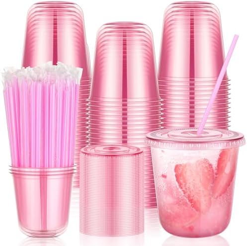tchrules 100 Set 12oz Pink Plastic Disposable Cups with Lids and Straws