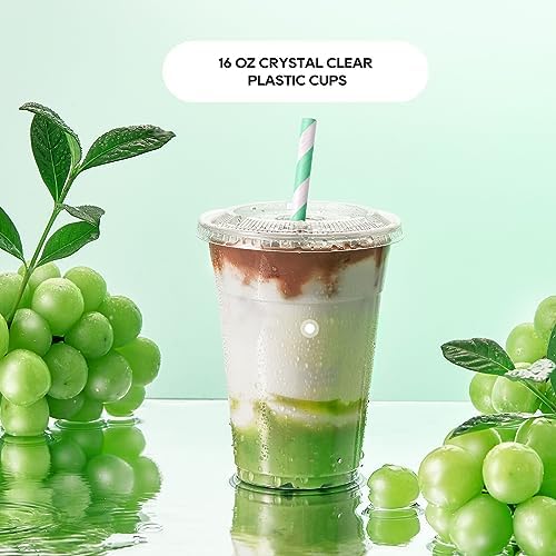 JOLLY PARTY 100Pack 16 oz Clear Plastic Cups With Flat Slotted Lids