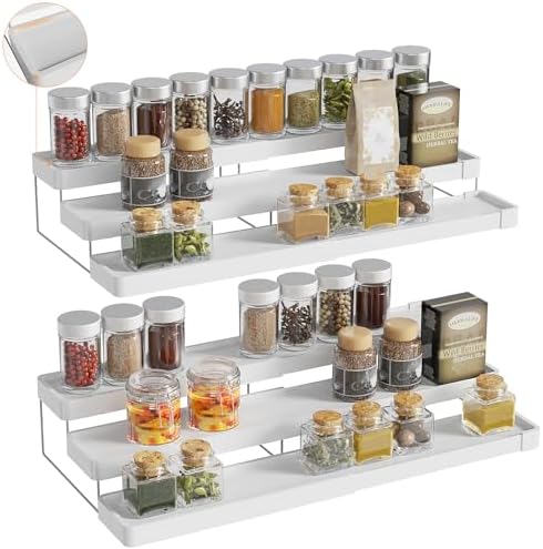 2 Pack Expandable Spice Rack Organizer for Cabinet - 3 Tier Adjustable Cabinet Spice Organizer Easy Visibility - Spice Organizer for Cabinet Countertop Cupboard Pantry Organization (White)