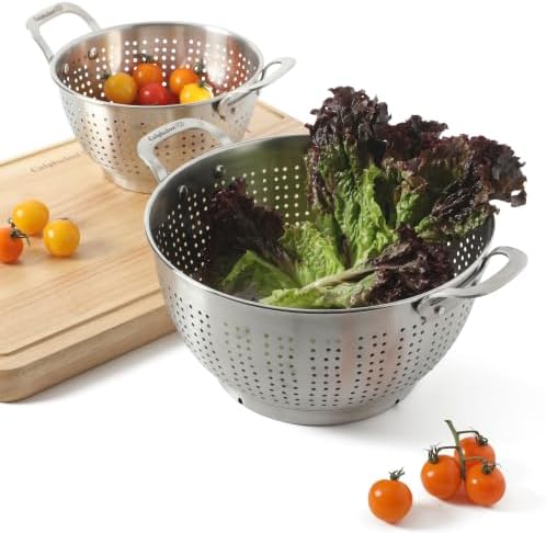 Calphalon Astro Colander Set, 2-Piece Stainless Steel Colander and Strainer, 5 QT & 1.5 QT Pasta Strainer with Handles, Matte Finish Kitchen Colander, Silver