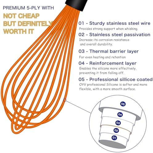 OYV Orange Silicone Whisk Set of 3, 8/10/12 Inch, Dishwasher Safe
