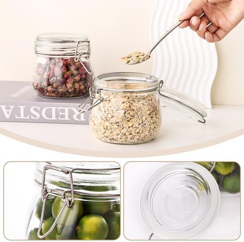 Liuruiyu 16oz - 6 Pack Round Glass Jars with Airtight Lid, Wide Mouth Mason Jars with Clamp Lids, Air Tight Glass Canisters, Food Storage Containers for Cereal, Pasta, Beans, Sugar, Coffee, Spice