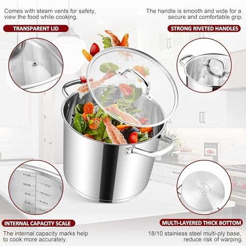 Herogo 12-Quart 18/10 Stainless Steel Stock Pot with Lid, Large Heavy Duty Soup Pot Compatible with Electric, Gas, Induction and Various Cooktops, Dishwasher Safe