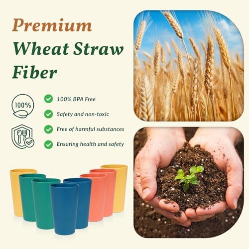 Homienly Reusable Plastic Cups - Wheat Straw Unbreakable Drinking Glasses & Water Glasses | Multi-Color Stackable Plastic Cups, Dishwasher Safe | Glassware & Cup Sets for Kitchen (20 oz 8-Pack)
