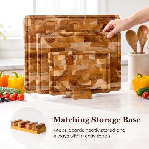 3-Piece End Grain Teak Cutting Board Set with Stand, Juice Groove