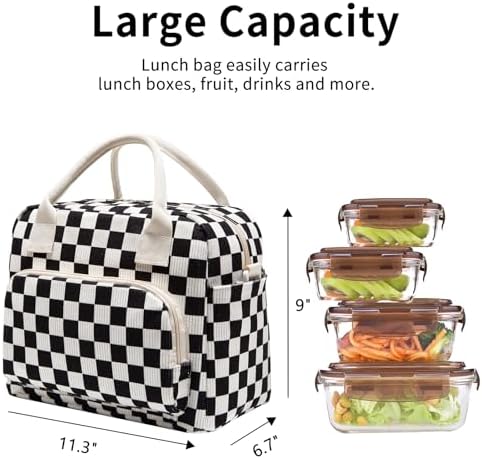 Lunch Bag Women Lunch Box for Women Adult Cute Insulated Lunch Bag Lager Cooler Lunch Tote Bags for Work Picnic (Black-White Plaid)