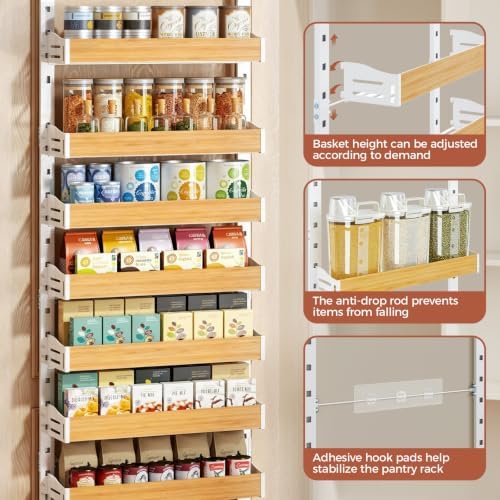 8-Tier Pantry Door Organizer, Over the Door Pantry Organizer with Wooden Adjustable Baskets, 2 IN 1 Spice Rack Wall Mount or Door Organizer, Door Spice Rack for Pantry（72.6×17.1×5.1in,White)