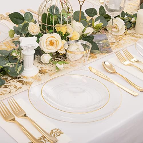 Nervure 100PCS Clear and Gold Plastic Plates - 10.25inch Gold Dinner Plate