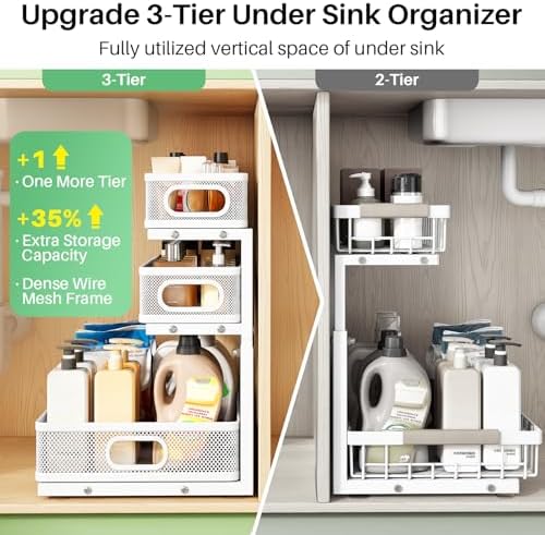 Kitstorack Under Sink Organizer, 1-Pack 3-Tier Height Adjustable Thickened Metal Pull out Cabinet Organizer Shelf, Slide out Storage Drawer Rack for Bathroom Kitchen Pantry Home Laundry Organization