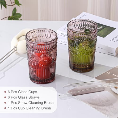 ZMOWIPDL Drinking Glasses Set of 6,13oz Flower Design Purple Glass Cups