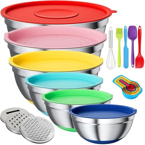 ENVTEK Stainless Steel Mixing Bowls Set with Lids,Silicone Bottoms,Colorful