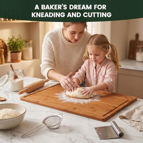 Kikcoin 36”×24” Deep-Carbonized Bamboo Cutting Boards for Kitchen, Heavy Duty Wooden Cutting Boards, Healthy Extra Large Chopping Boards with Deep Juice Groove and Handle, Oversized Stove Top Cover