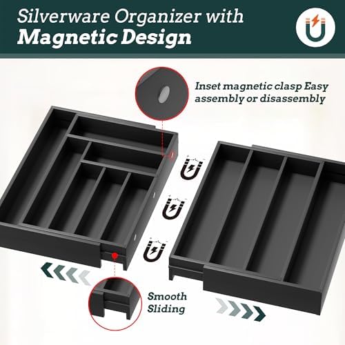 Bamboo Expandable Silverware Drawer Organizer 11 Slots Utensil Holder Black
