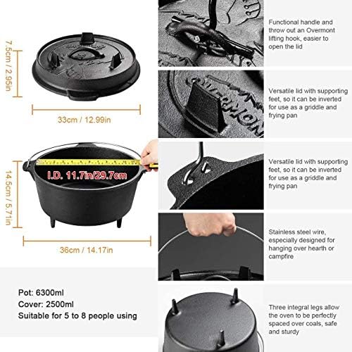 Overmont 9QT Cast Iron Dutch Oven - Pre-Seasoned Pot with Lid Lifter & Legs