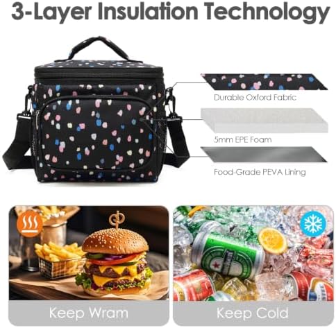 FlowFly Insulated Reusable Lunch Bag Adult Large Lunch Box for Women and Men with Adjustable Shoulder Strap,Front Zipper Pocket and Dual Large Mesh Side Pockets,BlackFlower
