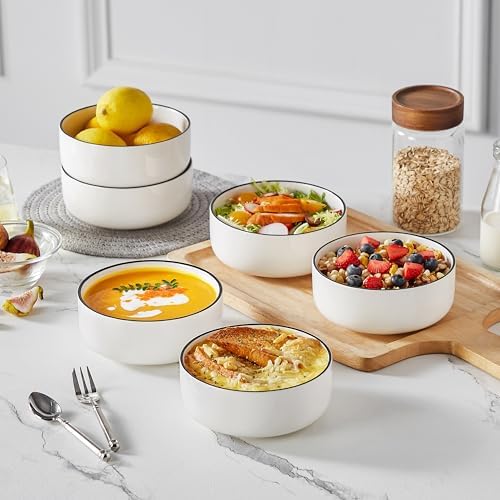 MALACASA 24 OZ Ceramic Bowls Set of 6, Soup Cereal Bowls, Black Rim