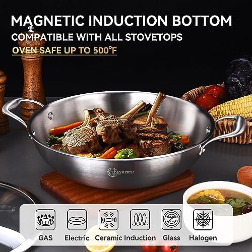 LOLYKITCH 11-Inch Stainless Steel Wok with Lid | 3.5-Quart | Dual Handles