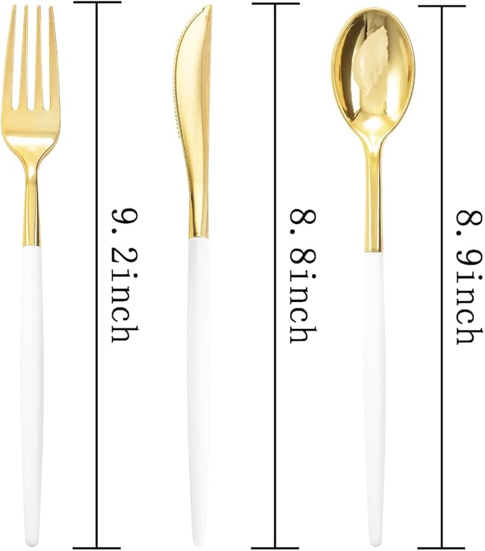 Rubtlamp 96Pcs Gold Plastic Silverware, Gold Plastic Utensils with White Handle, Gold Silverware Set Includes: 32 Knives, 32 Plastic Spoons And 32 Forks