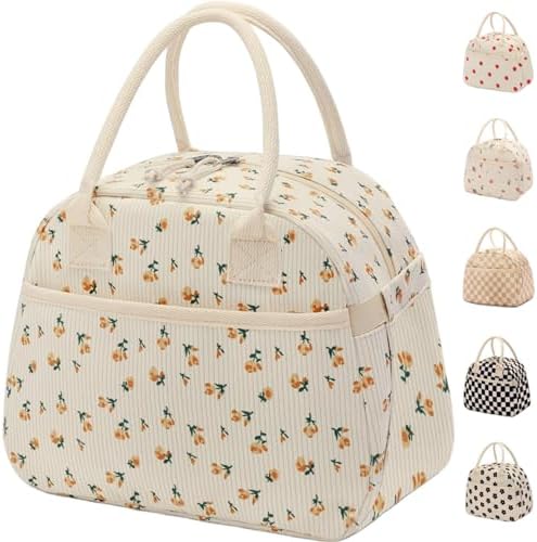 Carry bloom Lunch Box for Women, Insulated Lunch Bag Cute Corduroy Lunchbag Reusable Lunchbox for Work (flower yellow)