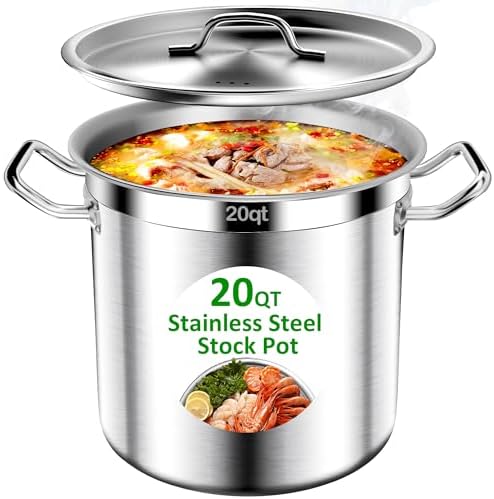 Stainless Steel Stock Pot，20QT Large Stock Pot with Lid for Boiling Cooking Soup Stew Canning, Heavy Duty Tri-Ply Bottom for Boiling Cooking Soup Stew Canning Cooking Pots, Cookware Sauce Pots