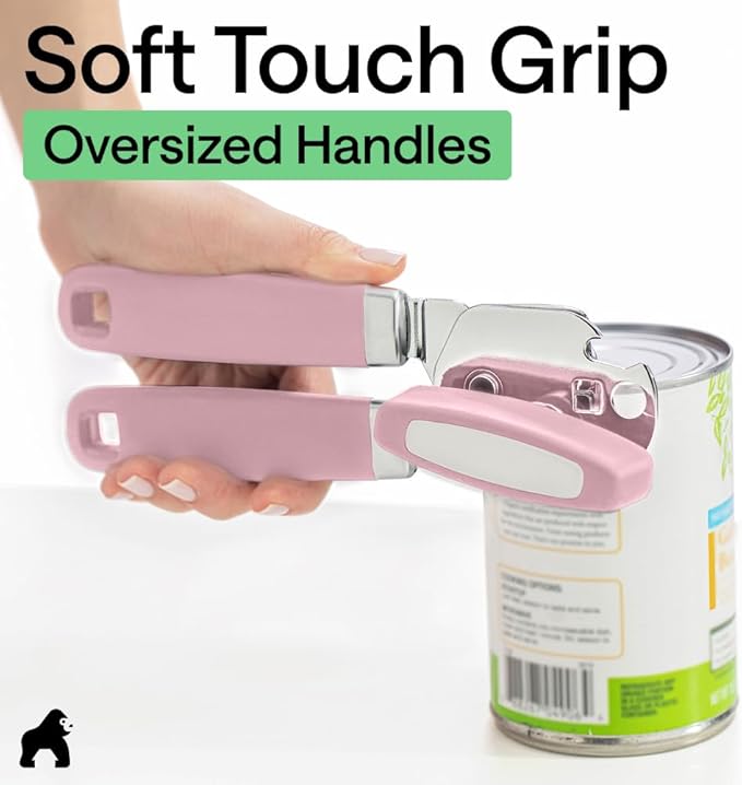 GORILLA GRIP Heavy Duty Stainless Steel Smooth Edge Manual Can Opener and Bottle Openers, Soft Comfortable Handle, Oversized Handheld Turn Knob, US Designed Multifunctional Kitchen Tool, Pink