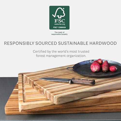 Teakhaus Cutting Board and EON Cutting Board Oil Set - Large (L) Teak Wood Chopping Board & Food-Grade Mineral Oil - 20”L x 15”W x 1.5” Thick - FSC Certified