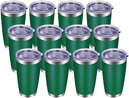 VEGOND 20oz Tumbler with Lid and Straw Stainless Steel Tumbler Cup Bulk Vacuum Insulated Double Wall Travel Coffee Mug Powder Coated Coffee Cup, Dark Green, 12 Pack