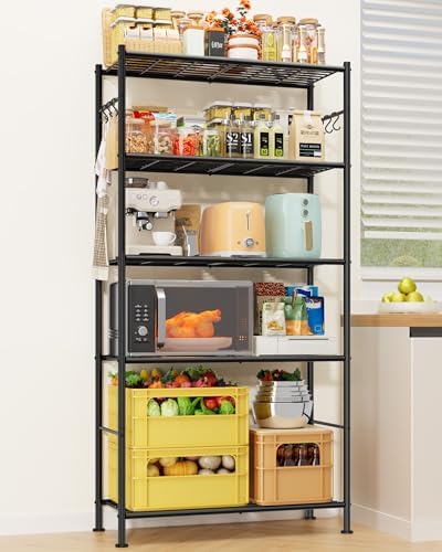 Sakugi 5-Tier Storage Shelves with 6 Hooks, 33.2" x 12.7" x 71.1", Black