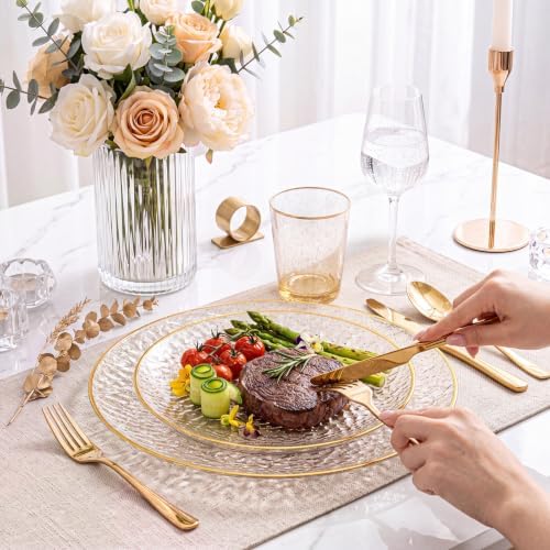 Rubtlamp 60Pcs Clear Gold Plastic Plates, Gold Glitter Disposable Plates, Hammered Plastic Plates Included 30 Dinner Plate And 30 Dessert Plates for Party