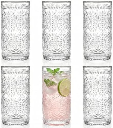 Bekith 6 Pack Romantic Drinking Glasses, 12 oz Highball Glasses, Thick Water Glasses, Tall Glass Cups for Beverages, Beer, Cocktail, Vintage Glassware Set for Dinner Parties, Bars, Restaurants
