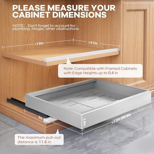 Seinloes 2 Pack Expandable Pull Out Cabinet Organizer 21"Deep With Raising Pad for Framed Cabinets,Upgrade 3 Slide Rails Slide Out Drawers,Roll Out Shelves Adhesive,Adjustable Width 12.05"-20.4"Silver