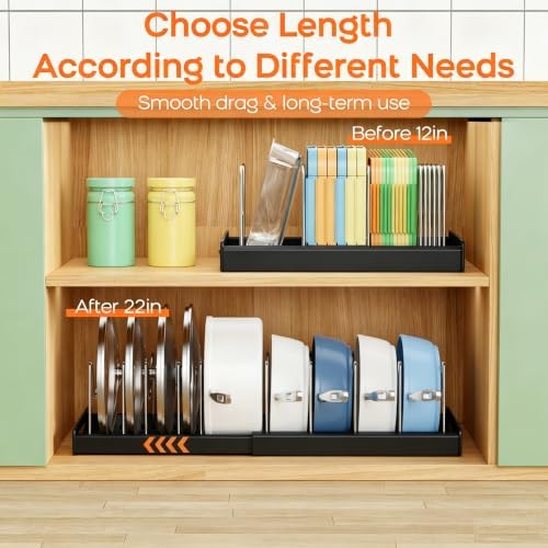 Nigelia Pots and Pans Organizer for Under Cabinet 22" Expandable Food Storage Container Lid Organizers with 10 Adjustable Dividers Pot and Pan Lid Holders Rack Inside Cabinet&Kitchen Countertop(Black)