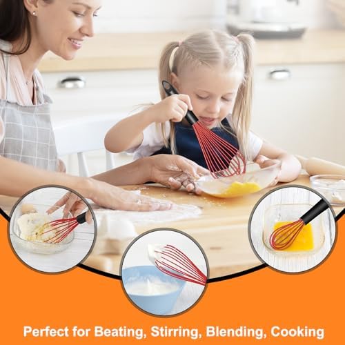 HOTEC 4 Pieces Silicone Whisks Set, Wire Balloon Whisks for cooking Egg Beater, Non-slip Handle Whisk for Non-stick Cookware Perfect for Cooking, Stirring, Beating and Blending,Red