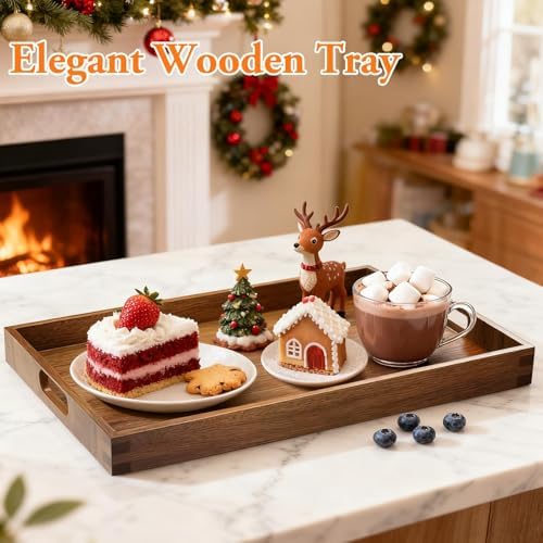 Acacia Serving Trays, Wooden Serving Tray with Handles, 2 Pack, Large