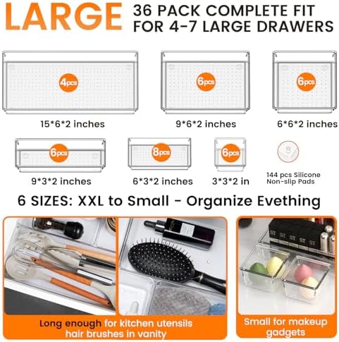 Criusia 36 Pack Large Clear Plastic Drawer Organizer Bins - 6 Size Acrylic Kitchen Drawer Organization and Storage for Utensils Gadgets, Office Bathroom and Vanity Organizer for Makeup Accessoires