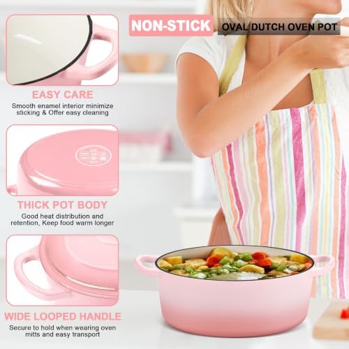 E-far 5QT Oval Dutch Oven Pot with Lid, Pink Enameled Cast Iron Dutch Oven