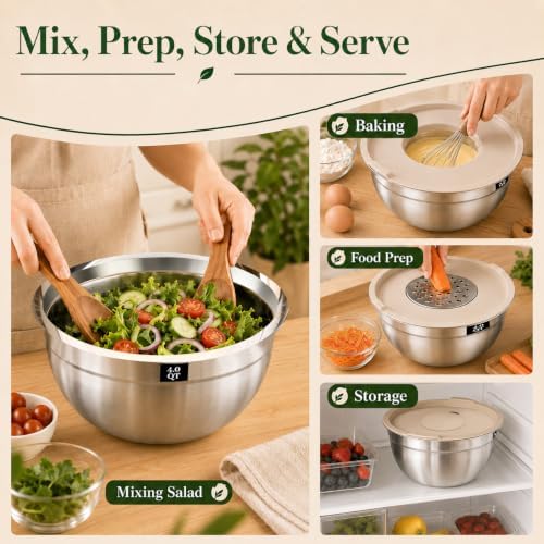 8PCS Stainless Steel Mixing Bowls with Lids - 5PCS Nesting Bowls, 3 Grater Attachments for 4.0 QT Bowl, Stainless Steel Mixing Bowls for Mixing & Serving, Size 1.5/2.1/3.5/4/4.5 QT, Khaki