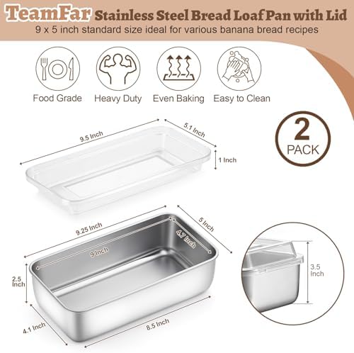 TeamFar Loaf Pan for Baking Bread, 9 x 5 Inch Bread Pan with Lid, Set of 2