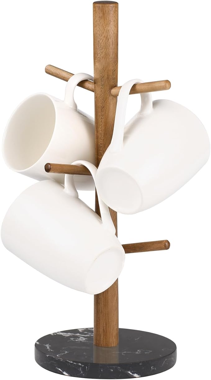 Buruis Mug Holder, Acacia Wood & Marble Base, 6 Hooks Kitchen Countertop Coffee Tea Cups Organizer