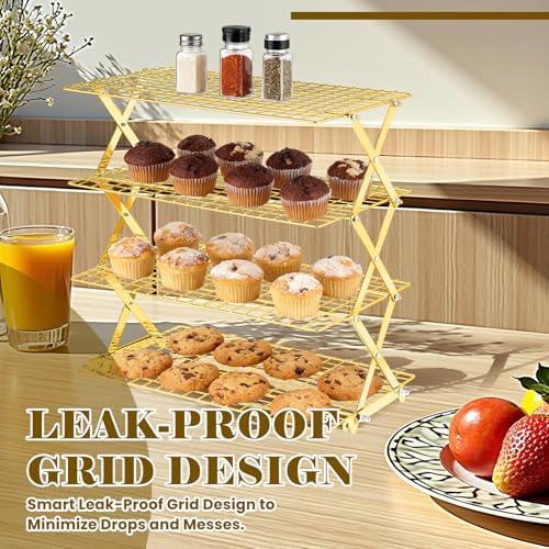 BEWOS 4 Tier Collapsible Cooling Rack - Adjustable Stainless Steel Baking Rack with Mesh Leak Proof，Foldable X-Shaped Structure Cooling Racks for Cooking and Baking, Dishwasher Safe（Gold）