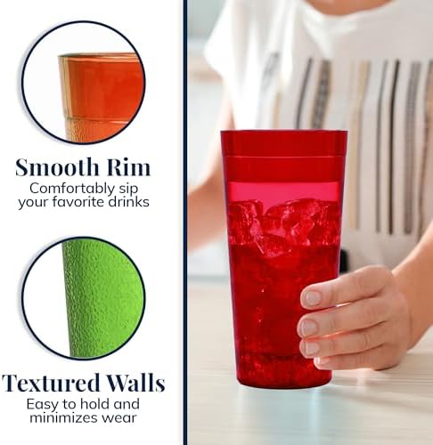 US Acrylic Cafe Plastic Reusable Tumblers (Set of 16) 20-ounce Water Cups Assorted Colors | Restaurant Style Drinking Glasses Value Set, Stackable, BPA-free, Made in the USA | Top-rack Dishwasher Safe