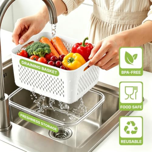 5 Pack Large Fruit Storage Containers for Fridge, Leakproof Produce Containers with Removable Colanders, Dishwasher Safe Fridge Organizers and Storage, Keep Berry, Vegetables Fresh Longer