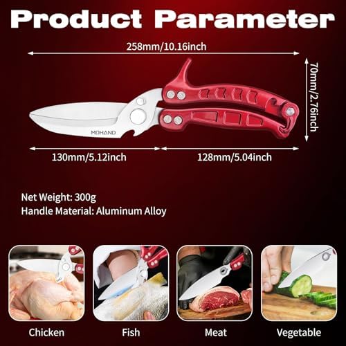 Heavy Duty Poultry Shears - Food Kitchen Scissors for Chicken and Meat Cutting - Dishwasher Safe Kitchen Shears with Anti-Slip Handle & Safety Lock