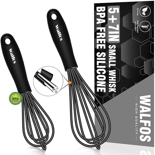 Walfos Whisk 5+7in Mini Whisk,Silicone Whisks Non Scratch Heat Resistant (480°F). Nice for stirring individual eggs and mixing small amounts of powder and sauce.Dishwasher Safe.Black
