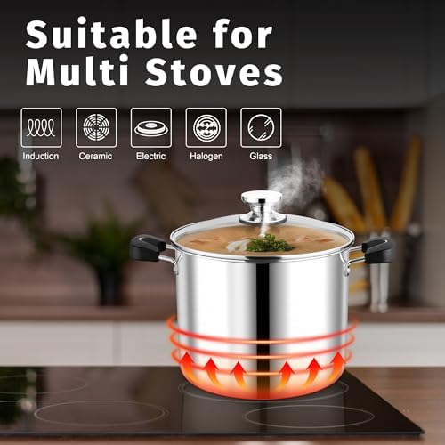 P&P CHEF 10 Qt Pot with Lid, Transparent Glass, Tri-ply Stainless Steel