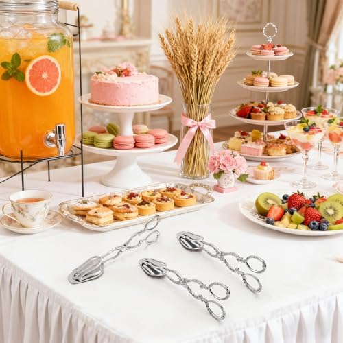 Jucoan 3 Pack Vintage Silver Serving Tongs, 8.5 Inch Zinc Alloy Metal Food Buffet Bread Salad Tongs for Birthday Wedding Tea Party, Dishwasher Safe