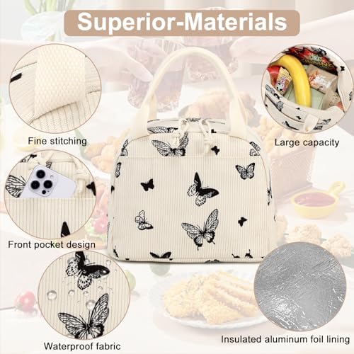 LEDAOU Lunch Box for Women Insulated Lunch Bag Corduroy Lunch Tote Bags Leakproof Cooler Lunch Case for Travel Work Picnic (Corduroy Beige-Butterfly)