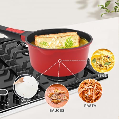 2 Qt Saucepan with Lid, Non Stick Sauce Pan with Lid, Milk Pot & Sauce Pot & Small Saucepan with Pour Spout, Detachable Handle Milk Pan, Mini Cooking Pot Induction Compatible, Oven Safe