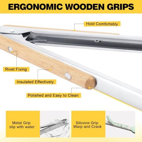2 Pcs Tongs For Cooking - 9 Inch and 12 Inch, Stainless Steel Kitchen Tongs, Heat Resistant 1100°F, Pull Ring Lock, Solid Wood Handles, For Grilling, Barbecuing, Cooking